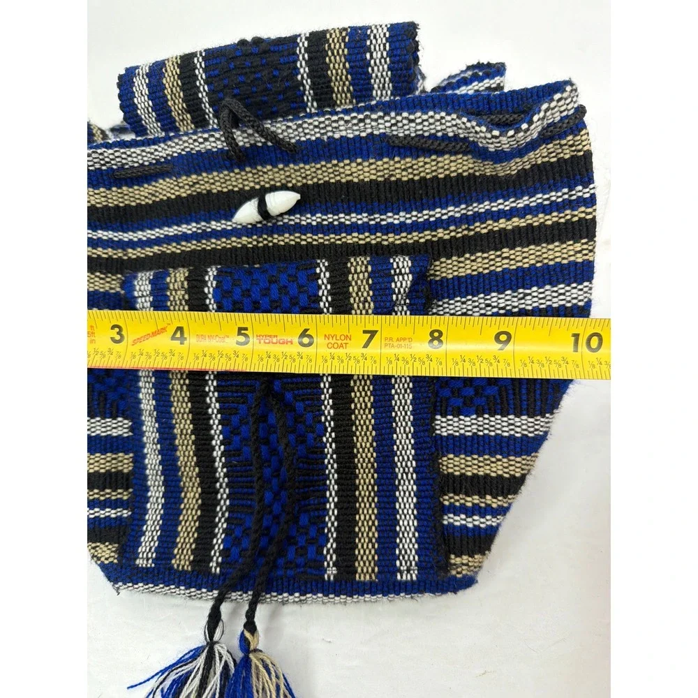 Handmade Woven Mini Backpack Blue Black Striped Boho Festival Rucksack Toggle
